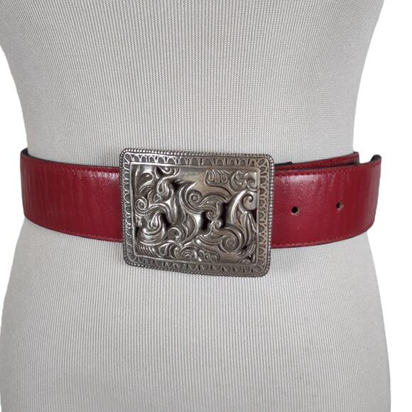 Vintage 90s Red Faux Leather Statement Belt Silver Filigree Buckle M main image 4